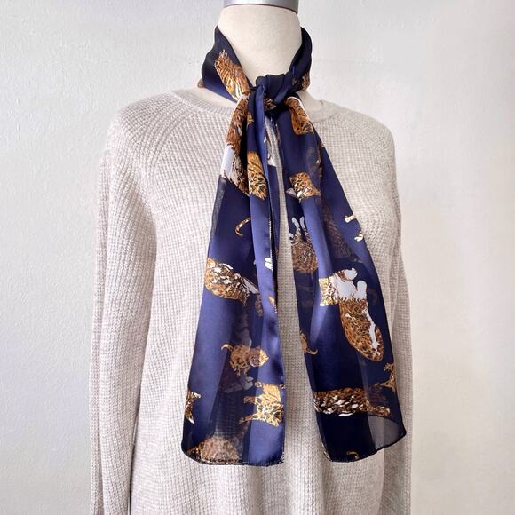 Vintage Animal Print Cats Scarf Wrap Semi Sheer Striped Blue White Orange Satin - Picture 7 of 9